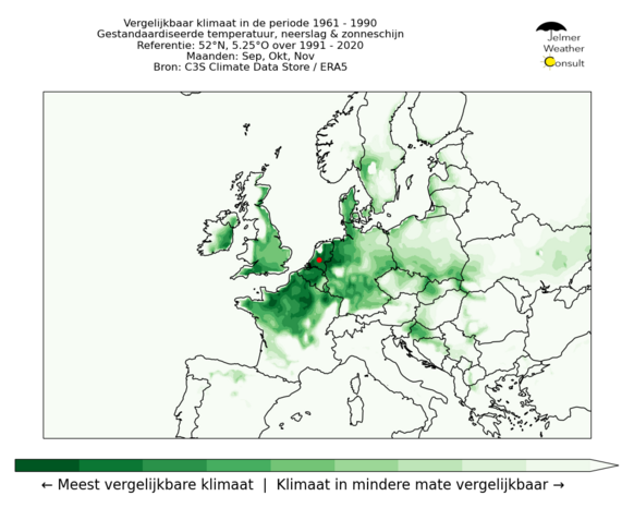 Foto gemaakt door Jelmer van der Graaff/Weer.nl - Vergelijking van het klimaat in de periode 1961 - 1990 t.o.v. het referentiepunt Midden-Nederland voor 1991 - 2020 in de herfst. Hoe groener, hoe groter de overeenkomst voor de gemiddelde temperatuur, neerslaghoeveelheid en het percentage zonneschijn.