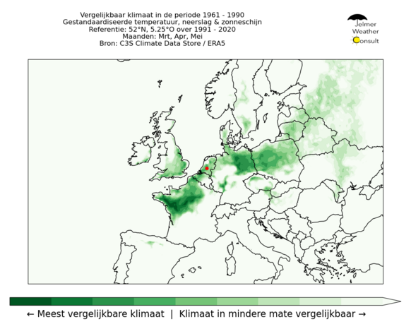 Foto gemaakt door Jelmer van der Graaff/Weer.nl - Vergelijking van het klimaat in de periode 1961 - 1990 t.o.v. het referentiepunt Midden-Nederland voor 1991 - 2020 in de lente. Hoe groener, hoe groter de overeenkomst voor de gemiddelde temperatuur, neerslaghoeveelheid en het percentage zonneschijn.
