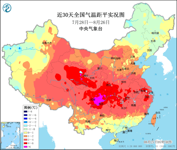 Foto gemaakt door CMA (Chinese Meteorological Administration) - In Centraal-China verliepen de afgelopen 30 dagen ruim 6 graden warmer dan gemiddeld