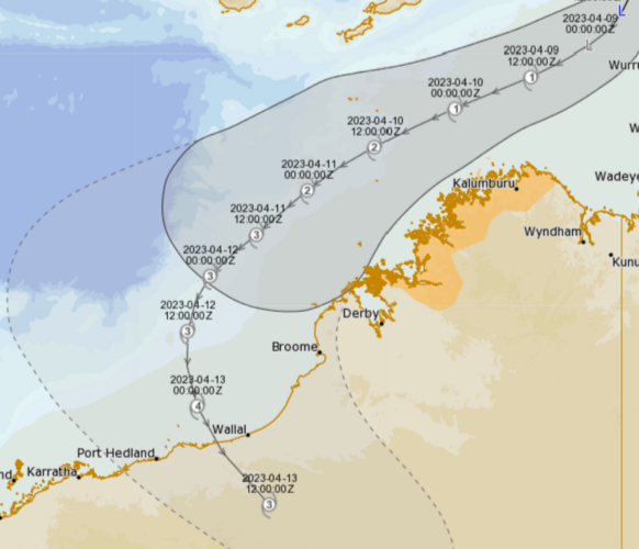 Foto gemaakt door Bureau of Meteorology - Noordwest-Australië - De verwachte trekrichting door het Australische weerinstituut.