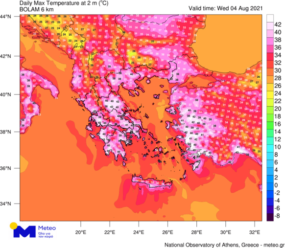 Foto gemaakt door meteo.gr - Ook vandaag worden volgens de Griekse weerdienst weer temperaturen boven 40 graden verwacht.