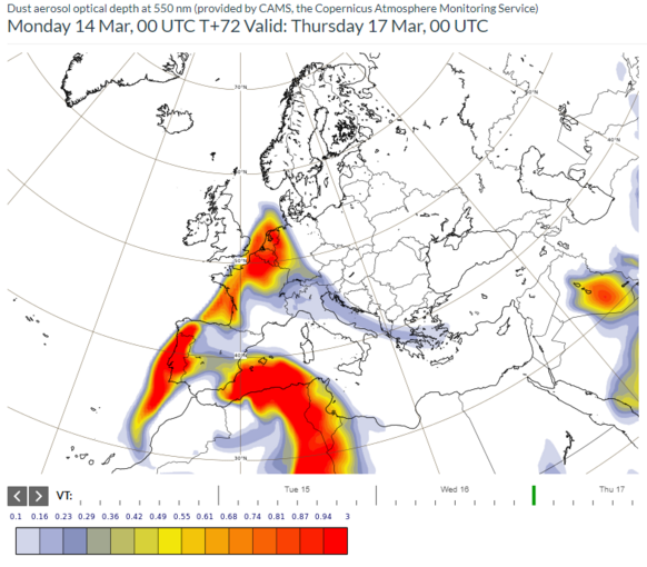 Foto gemaakt door CAMS Aerosol model (Copernicus) - De grootste concentratie Saharastof boven Nederland wordt in de nacht van woensdag op donderdag verwacht. 