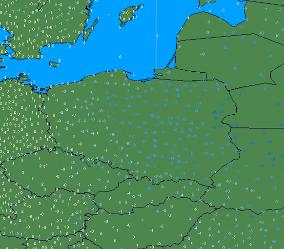 De maximumtemperaturen voor maandag. Maandag dooit het in het westen al, maar blijft het in het oosten nog (zeer) streng vriezen.