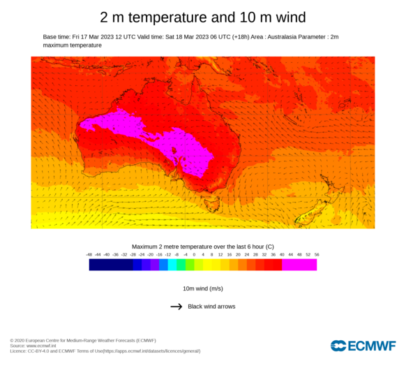 Foto gemaakt door ECMWF - Australië - Ook gisteren kwam de temperatuur op verschillende plekken in Australië (ruim) boven de 40 graden uit, zie de roze kleuren.