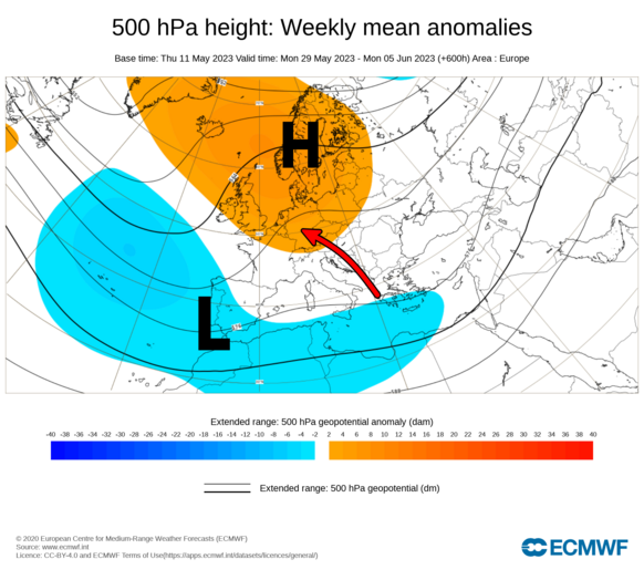 Foto gemaakt door ECMWF - Europa - Ook de meerweekse verwachting van het Europese weermodel voor begin juni laat een soortgelijk patroon met (zuid)oostenwinden zien.