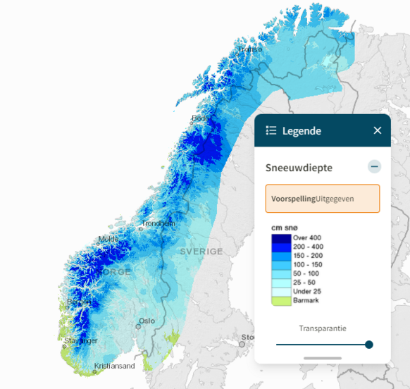 Foto gemaakt door Senorge.no - De sneeuwhoogten in Noorwegen.