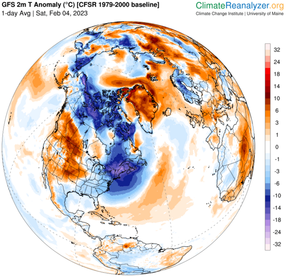 Foto gemaakt door Climate Reanalyzer (climatereanalyser.org) - De temperaturen liggen op grote schaal 10 tot lokaal zelfs meer dan 20 graden onder de klimatologische normaal.