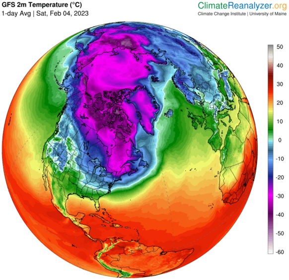 Foto gemaakt door Climate Reanalyzer (climatereanalyzer.org) - Op grote schaal in het noorden en oosten van Canada en het noordoosten van de VS minima rond of zelfs onder de 30 graden. Let op: de huidige kaart laat de gemiddelde dagtemperatuur zien, niet de minimumtemperatuur.