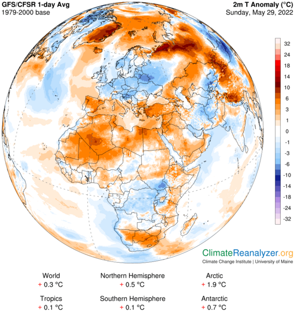 Foto gemaakt door ClimateReanalyzer - Duidelijk aan de frisse kant in West- en Centraal-Europa, maar juist bijzonder warm rondom het Middellandse Zeegebied.