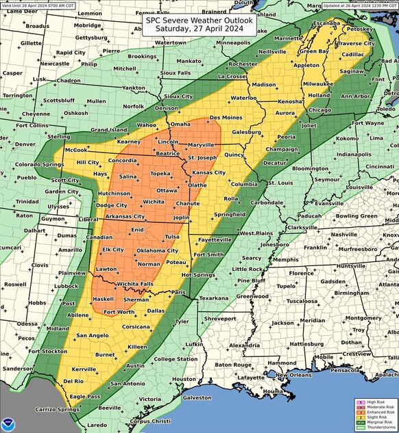 Foto gemaakt door NWS Storm Prediction Center - In een groot gebied werd zaterdag een actieve dag met zwaar weer verwacht