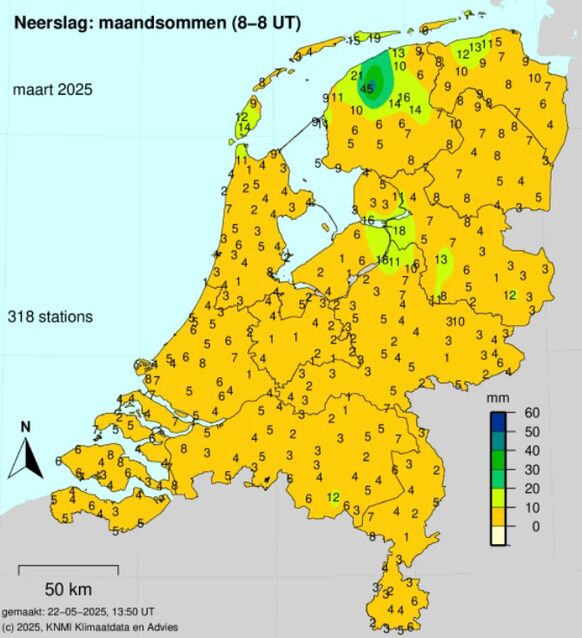 Foto gemaakt door KNMI - De totale neerslagsom van maart 2025. Op heel veel plekken in het land is minder dan 10 millimeter neerslag gevallen in de hele maand. Foto gemaakt door KNMI - De totale neerslagsom van maart 2025. Op heel veel plekken in het land is minder dan 10 millimeter neerslag gevallen in de hele maand.