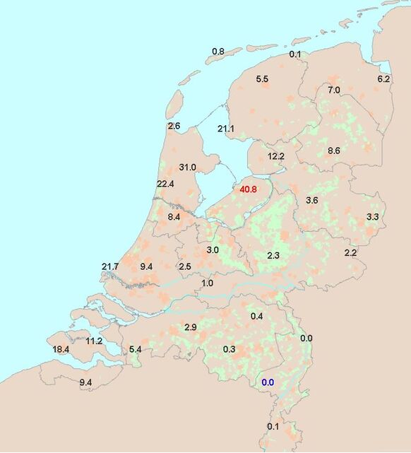Foto gemaakt door Weer.nl - Tot 14:30 uur viel vandaag lokaal al 41 mm op de officiële automatische weerstations van het KNMI. Er zijn ook handmatige waarnemingen (niet op deze kaart) die richting 40 mm gaan.