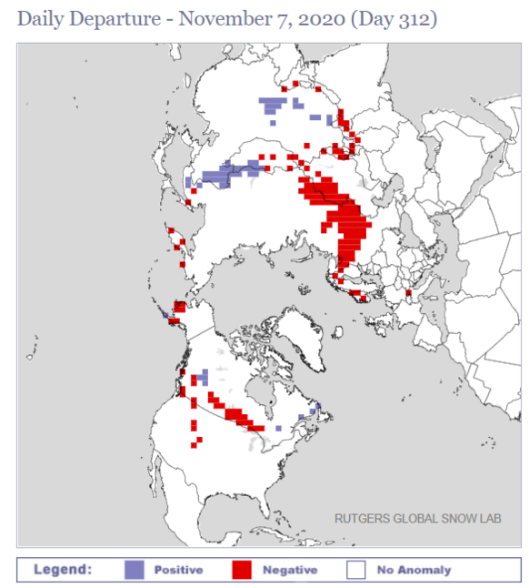 In rood zien we de gebieden met een 'tekort' aan sneeuw, in de blauwe gebieden zien we een 'overschot' aan sneeuw ten opzichte van het klimatologisch gemiddelde. Bron: Rutgers Global Snow Lab.