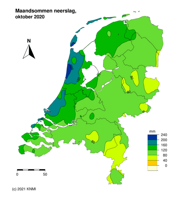 Foto gemaakt door KNMI - Kustconvergentie veroorzaakte vorig jaar in oktober zeer veel neerslag in Noord-Holland. In Bergen viel maar liefst 231 mm! 