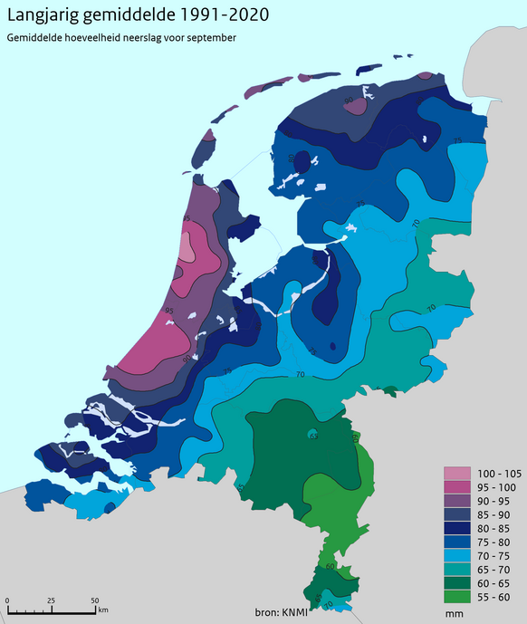 Foto gemaakt door KNMI - Dit zijn de normale regenhoeveelheden voor de maand september over de klimaatperiode 1991-2020. De natte gebieden in het (noord)westen en het Waddengebied springen eruit. Daar valt ruim 100 millimeter. Het (zuid)oosten is beduidend droger.