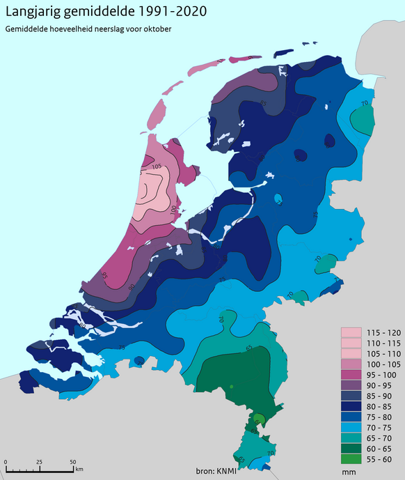 Foto gemaakt door KNMI - De kust van Noord-Holland is in oktober ook klimatologisch gezien duidelijk de natste plek. Vaak kiezen kustfronten deze route. Castricum is het natst met gemiddeld 118 mm tegen 58 mm in het Limburgse Echt. 