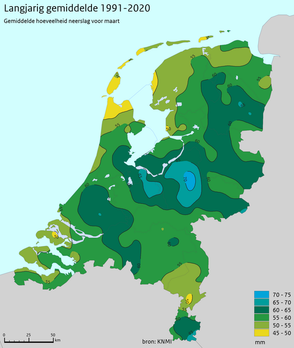 Foto gemaakt door KNMI - Nederland - Gemiddelde hoeveelheid neerslag in de maand maart voor de periode 1991 - 2020.