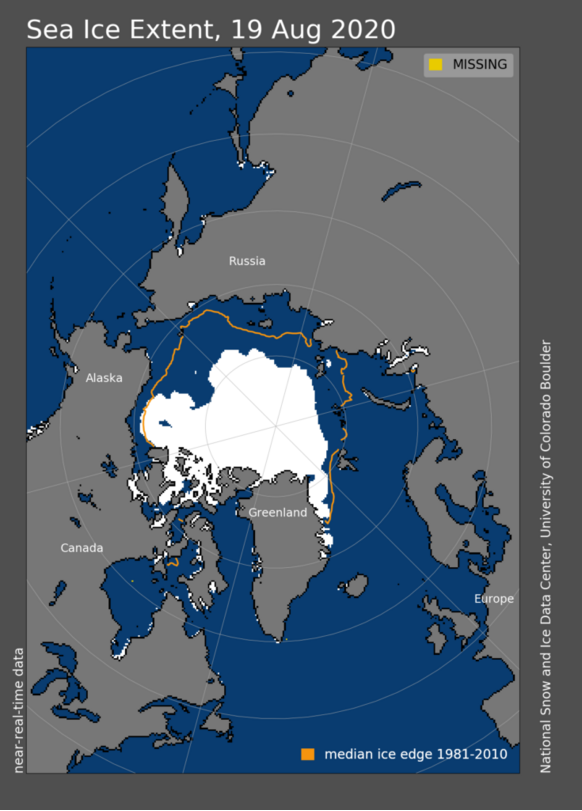 De ijsbedekking in het noordpoolgebied. Bron: National Snow and Ice Data Center (NSIDC)