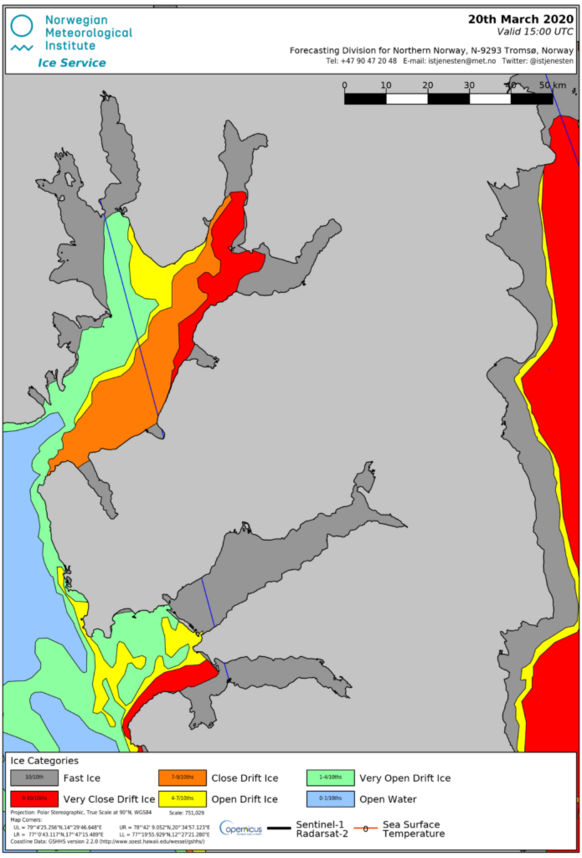 De ijsbedekking in Isfjorden op 21-3-2020. Bron: Norwegian Meteorological Institute.