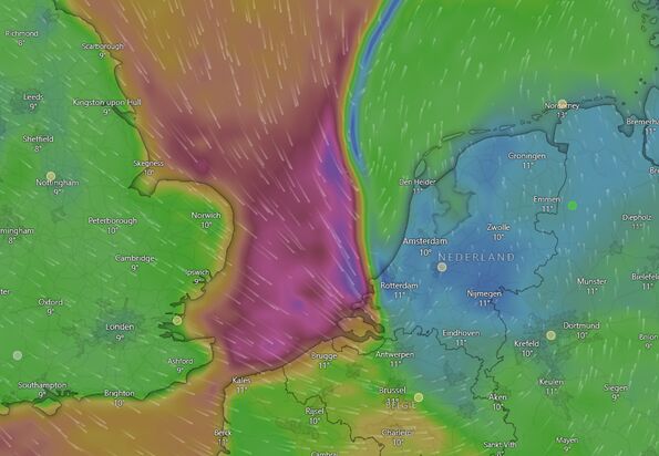 Foto gemaakt door Windy.com - Windsnelheden tot wel 70 km/uur aan de kust zijn mogelijk om donderdagavond om 20:00 uur. Ook ontwikkelt zich een scherp windveld. 