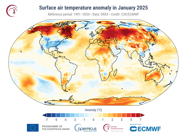 Foto gemaakt door C3S/ECMWF - De wereldkaart wordt getekend door veel warme temperatuurafwijkingen (rode kleuren) ten opzichte van het 1991-2020 gemiddelde.