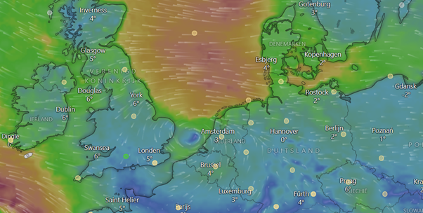 Klein lagedrukgebied goed te zien aan windrichting. Bron: Windy.com