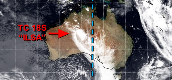 Foto gemaakt door Joint Typhoon Warning Center - Alice Springs - De restanten van tropische storm Ilsa, die als een categorie-5 orkaan in Noordwest-Australië aan land ging, liggen nu boven het centrum. Het regent er hard.