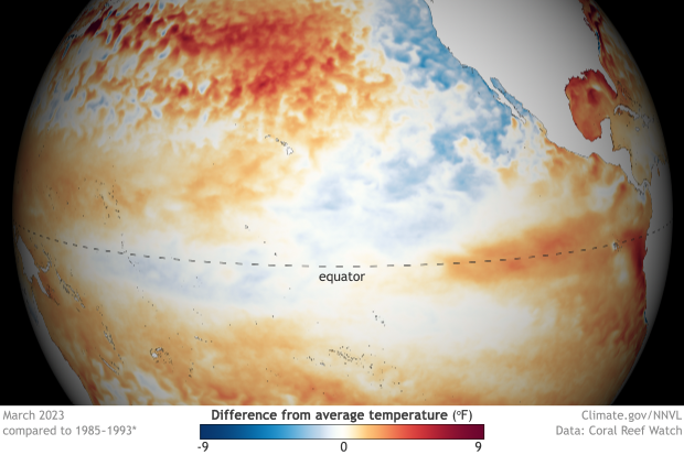 Foto gemaakt door NOAA (https://www.climate.gov/) - Ten westen van Zuid-Amerika stijgen de zeewatertemperaturen al flink.