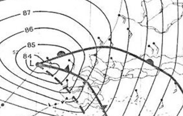 Foto gemaakt door Archief - Het lagedrukgebiedje dat op 12 mei 1983 de Hemelvaartsstorm veroorzaakte.