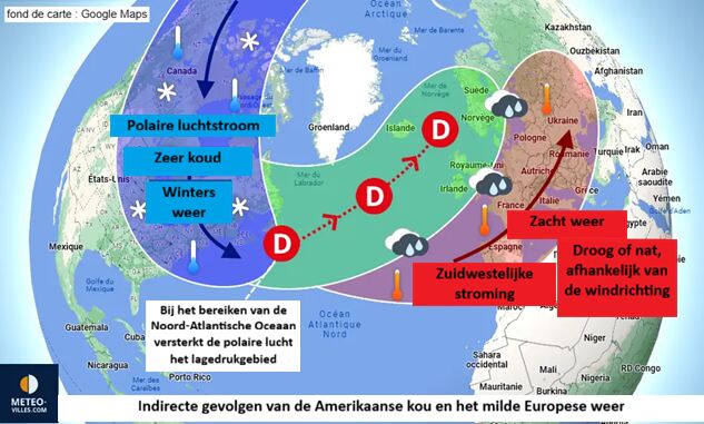 Het mechanisme achter het milde Europese weer dat wordt veroorzaakt door een kou-uitbraak in Noord-Amerika. Afbeelding aangepast van meteo-villes.com Het mechanisme achter het milde Europese weer dat wordt veroorzaakt door een kou-uitbraak in Noord-Amerika. Afbeelding aangepast van meteo-villes.com