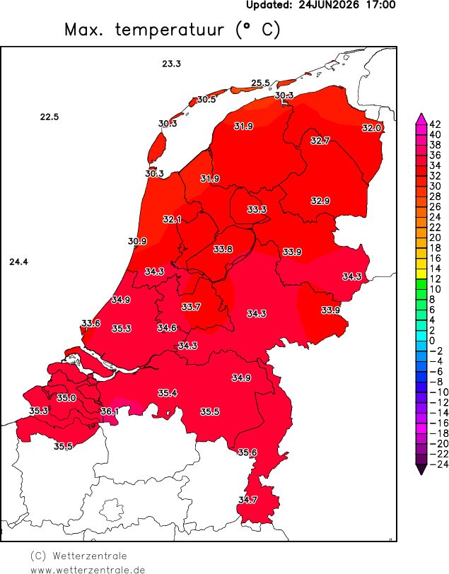 De maximumtemperatuur op woensdag 24 juni: door het hele land werd het tropisch warm De maximumtemperatuur op woensdag 24 juni: door het hele land werd het tropisch warm