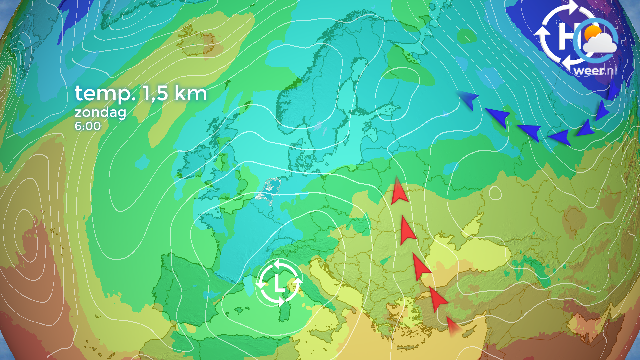 Vanwege de vorm van het hoog ten oosten van ons en de lagedruk boven Zuid(west)-Europa, wordt warme lucht Oost-Europa ingepompt. 