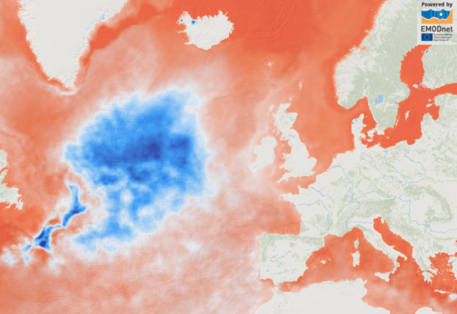 Foto gemaakt door European Marine Observation and Data Network - In de trend van de oceaantemperaturen over grofweg de afgelopen 30 jaar is de cold blob duidelijk zichtbaar