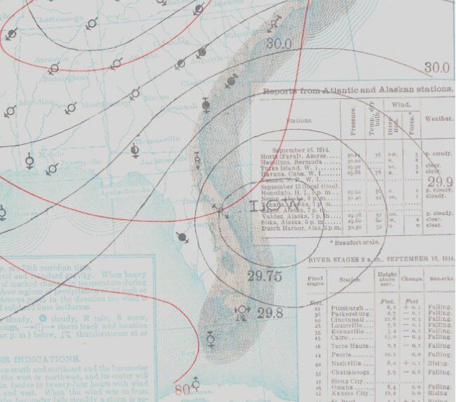 Foto gemaakt door NOAA Archives - USA - Een oude weeranalyse van Tropische Storm 'One' op 16 september 1914.
