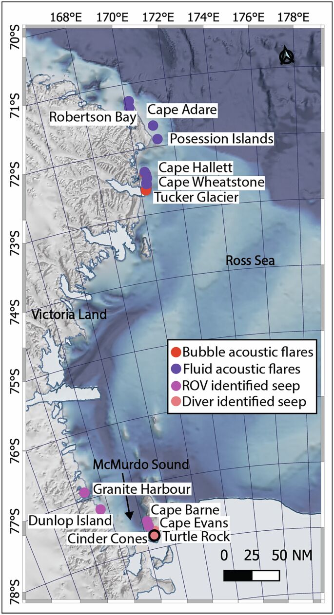 Foto gemaakt door Seabrook et al. (2025) - Kaart van recent ontdekte seeps nabij Antarctica. De zwarte cirkel bij Cinder Cones was de enige eerder gemelde submariene bron in de regio.