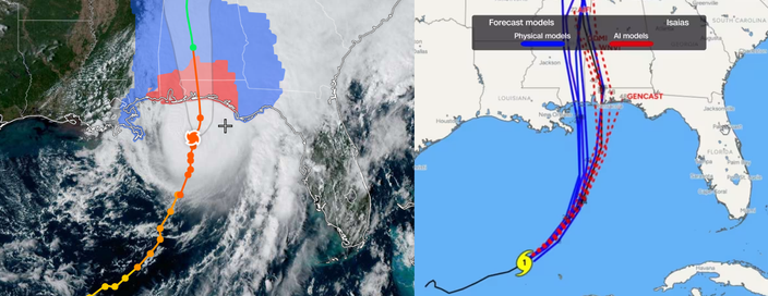 Foto gemaakt door CNN Weather/PolarWX.com - Volgens voorspellingen van AI-modellen zou Isaias een meer oostwaartse koers volgen dan volgens de natuurkundige modellen (rechts), wat de werkelijkheid werd (links).