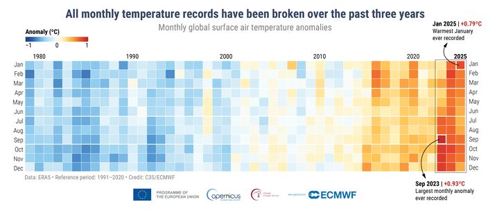Foto gemaakt door C3S/ECMWF - De maandelijkse wereldwijde afwijkingen in de temperatuur ten opzichte van 1991–2020, van januari 1979 tot december 2025.