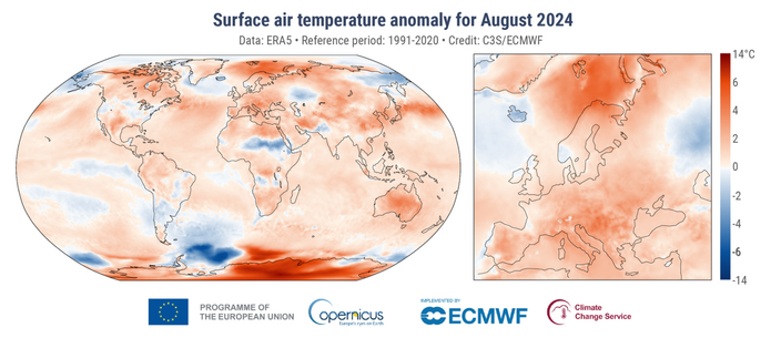 Foto gemaakt door © Copernicus Climate Change Service / ECMWF - Temperatuurafwijkingen voor augustus 2024 ten opzichte van het gemiddelde voor de periode 1991-2020.