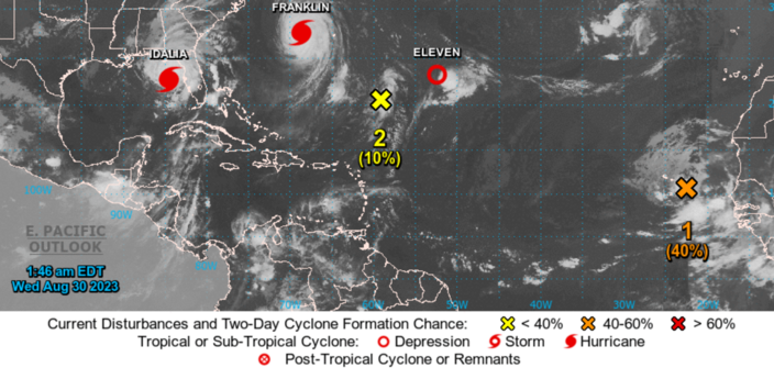 Foto gemaakt door National Hurricane Center - Miami - Het noordwesten van de Amerikaanse staat Florida zet zich vanochtend schrap voor de komst van orkaan Idalia, een orkaan van de vierde categorie. 