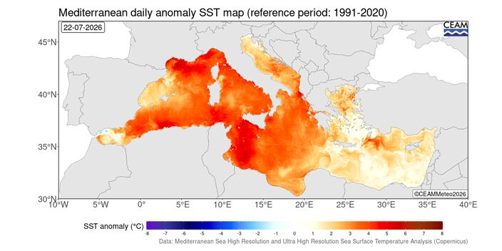 Foto gemaakt door MEDMOS - De temperatuurafwijking van het oppervlaktewater is op grote schaal wel vijf graden Foto gemaakt door MEDMOS - De temperatuurafwijking van het oppervlaktewater is op grote schaal wel vijf graden
