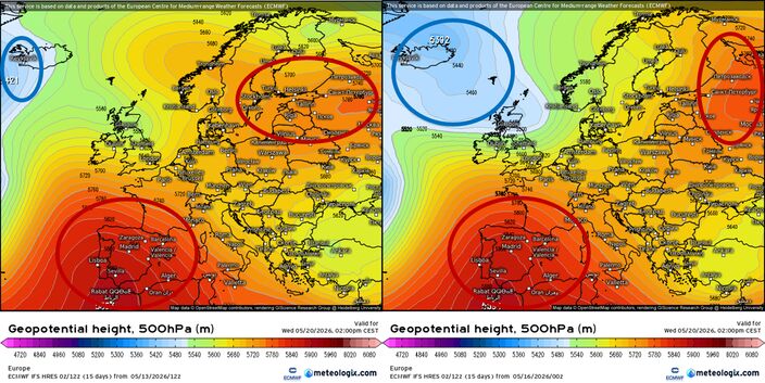 Foto gemaakt door Meteologix.com - Verwachting voor 20 mei: lage luchtdruk komt meer in de buurt (rechts) dan een week van tevoren werd berekend (links). Foto gemaakt door Meteologix.com - Verwachting voor 20 mei: lage luchtdruk komt meer in de buurt (rechts) dan een week van tevoren werd berekend (links).