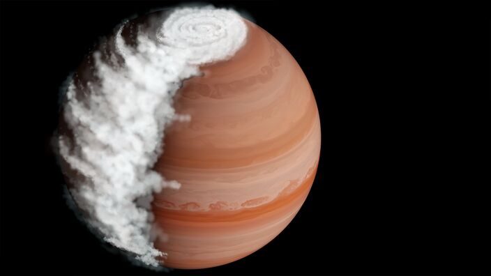 Foto gemaakt door Hannah Robbins, Johns Hopkins University - Artistieke impressie van de wolken op planeet WASP94-A b. Foto gemaakt door Hannah Robbins, Johns Hopkins University - Artistieke impressie van de wolken op planeet WASP94-A b.
