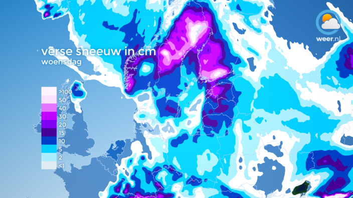 Het verwachte sneeuwdek voor woensdag. Veel sneeuw in Scandinavië en de Alpen, en ook in Oost-Europa ligt vrijwel overal sneeuw.