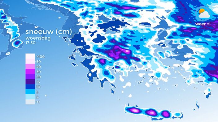 Foto gemaakt door Weer.nl - Het verwachte sneeuwdek in Griekenland tot en met woensdagavond. Op meerdere plekken worden meerdere decimeters aan sneeuw verwacht, zeer lokaal kan er in totaal zelfs tot meer dan 50 cm vallen in de bergen.