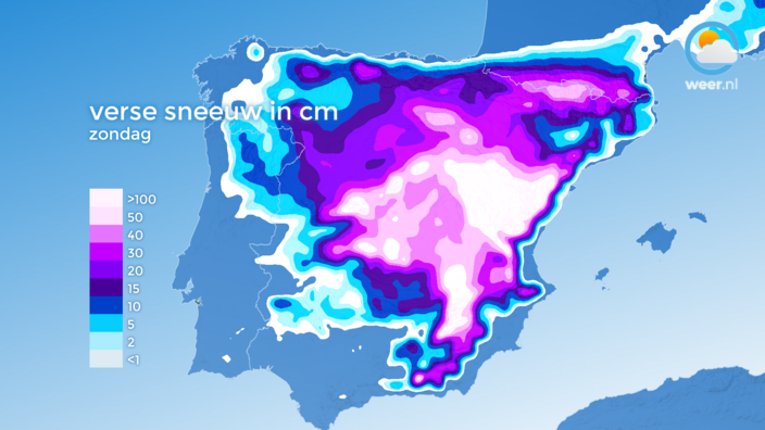 Op uitgebreide schaal gaat 20-40 centimeter sneeuw vallen en lokaal nog een stuk meer. Deze kaart geeft de totale hoeveelheid sneeuw weer die valt, maar omdat een deel in de tussentijd smelt of als natte sneeuw valt, is dat niet gelijk aan het sneeuwdek.