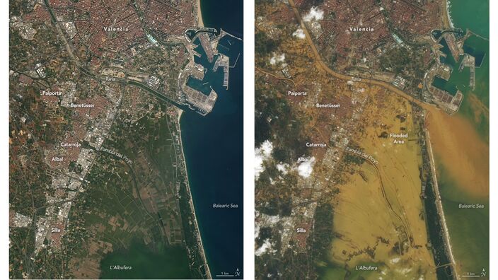 Foto gemaakt door NASA - Valencia, Spanje - Satellietbeelden tonen de omvang van de overstroming in 2024
