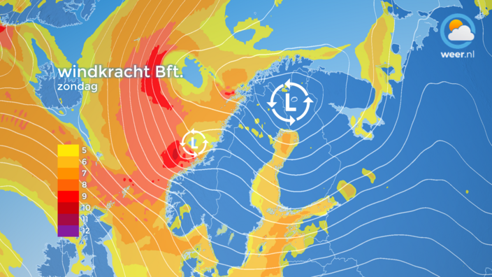 Foto gemaakt door Weer.nl - De weerkaart nu. De storm ligt klaar voor de westkust van Noorwegen. De grote L is het sturende lagedrukgebied, de kleine L is de randstoring.