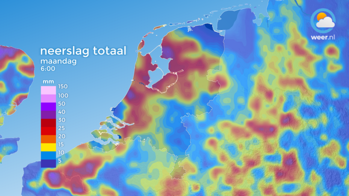 Foto gemaakt door Weer.nl - De totale hoeveelheid neerslag tot maandagochtend volgens het Europese weermodel.