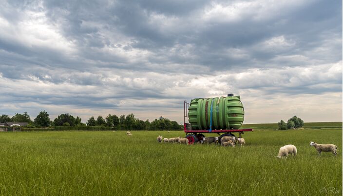 Foto gemaakt door Ria Overbeeke - Waarde - Woelige luchten; deze regenwatertank staat er klaar voor.