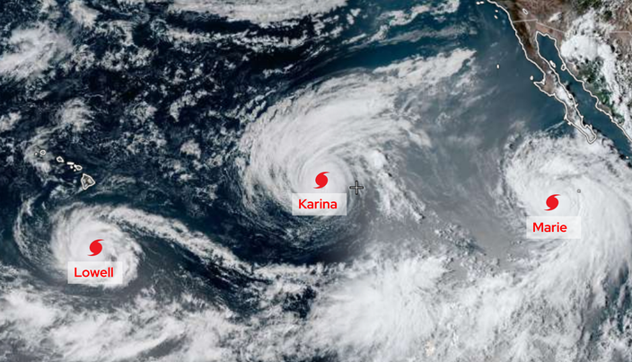 Drie orkanen woeden gelijktijdig tussen Mexico en Hawaii. Afbeelding gemaakt met Zoom Earth Drie orkanen woeden gelijktijdig tussen Mexico en Hawaii. Afbeelding gemaakt met Zoom Earth